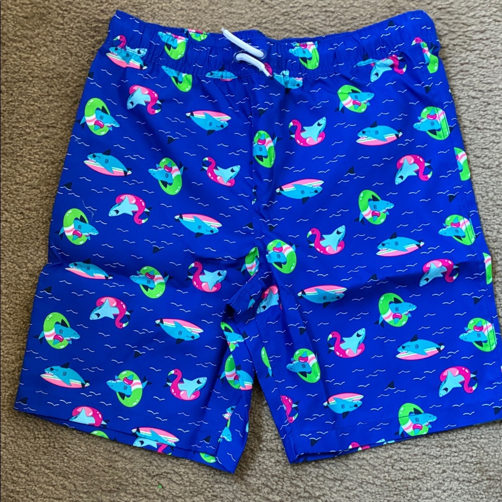 Lands' End Kids Blue Swim Trunks with Shark Print